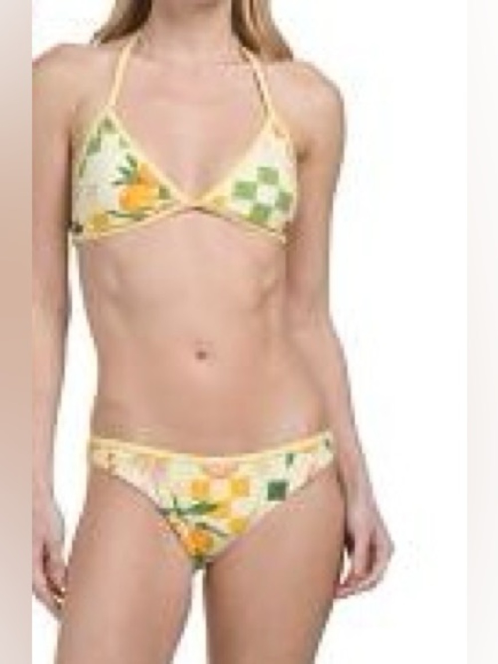 NWT- VACANCY CO 2PC reversible yellow Floral Fruit Checkered BIKINI in MARIGOLD